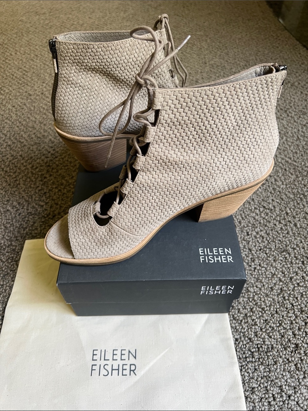 Eileen Fisher Beige Suede Lace-Up Peep-Toe Ankle Boots
